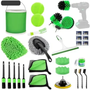 Ofertă specială Set 30 Accesorii pentru Curatare Auto, Flippy, din PP si Microfibra, Interior\\/Exterior, 30 x 24 x 12 cm, Verde