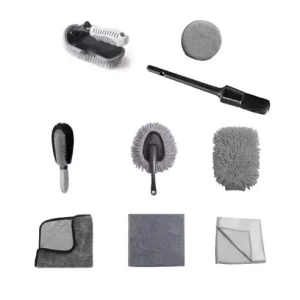 Doar azi Set 9 Piese pentru Spalat Auto, Flippy, din Plastic si Microfibra, Perii si Lavete, Model B, Gri
