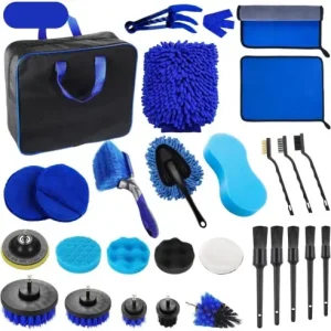 Reducere Set 29 Accesorii pentru Curatare Auto, Flippy, din PP si Microfibra, Interior\\/Exterior, 30 x 24 x 12 cm, Albastru\\/Negru