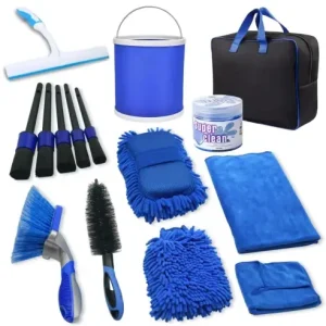 Set 15 Accesorii pentru Curatare Auto, Flippy, din PP si Microfibra, Interior\\/Exterior, 30 x 24 x 12 cm, Albastru\\/Negru Cel mai vândut