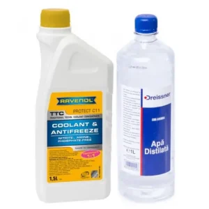 Pachet 2.5 litri antigel concentrat Ravenol C11 TTC Trad. Techn. galben si apa distilata Livrare gratuită