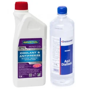 Livrare rapidă Pachet 2.5 litri antigel concentrat Ravenol OTC rosu si apa distilata