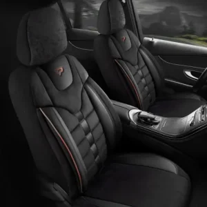 Set Huse Scaune Auto pentru Dacia Sandero - Panda Toronto, tip Alcantara, cu fermoare pentru bancheta rabatabila, negru cu cusatura rosie, 11 piese Reducere de preț