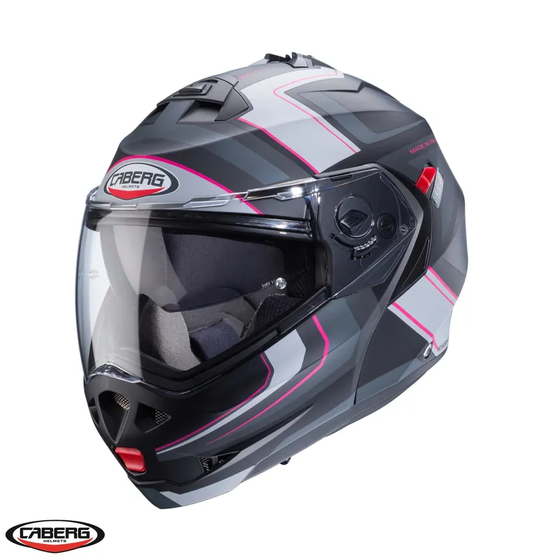 Casca modulabila pentru scuter – motocicleta (flip-up) Caberg model Duke X SV Tour G5 negru/fuchsia (roz)/antracit mat Pinlock ready – lentila Pinlock inclusa Negru/fuchsia/antracit mat M (57/58cm) Livrare rapidă