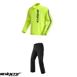 Costum ploaie (geaca+pantaloni) pentru scuter – motocicleta Seventy model SD-S5 Monsoon culoare: galben/negru (montare peste echipament) Galben fluor/negru L Lichidare de stoc